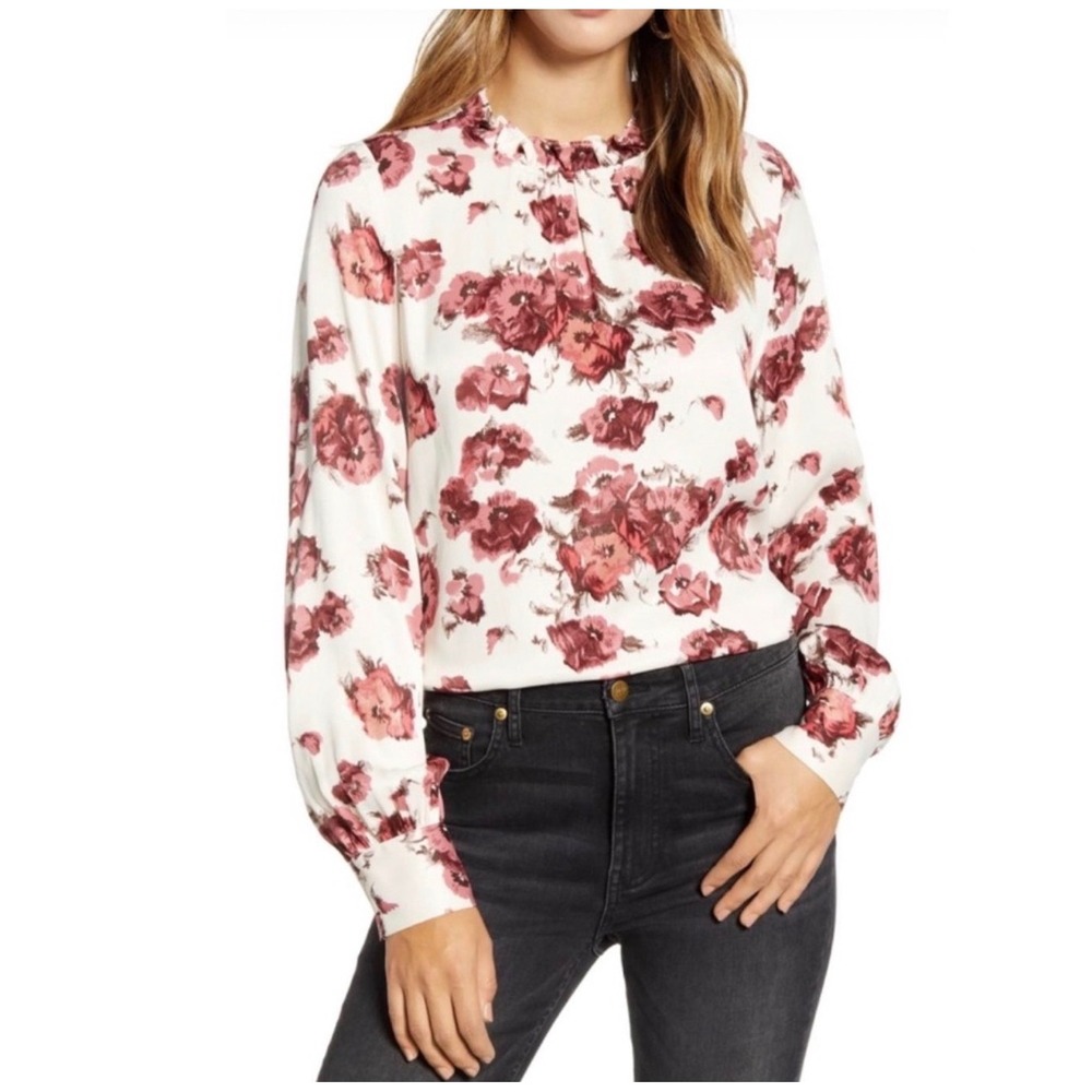 NWT Rachel Parcell Beige Shell Blur Floral Ruffle Neck Blouse Size M NEW Career